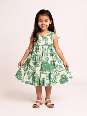 Utsa Kids Green Nature-Inspired Tiered Cotton-Blend Dress - (2-8yrs)