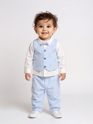 HOP Baby Blue Cotton Waistcoat. Shirt. Trousers and Bow Set