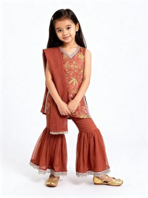 Utsa Kids Rust Floral Pattern Ethnic Set - (2-8yrs)