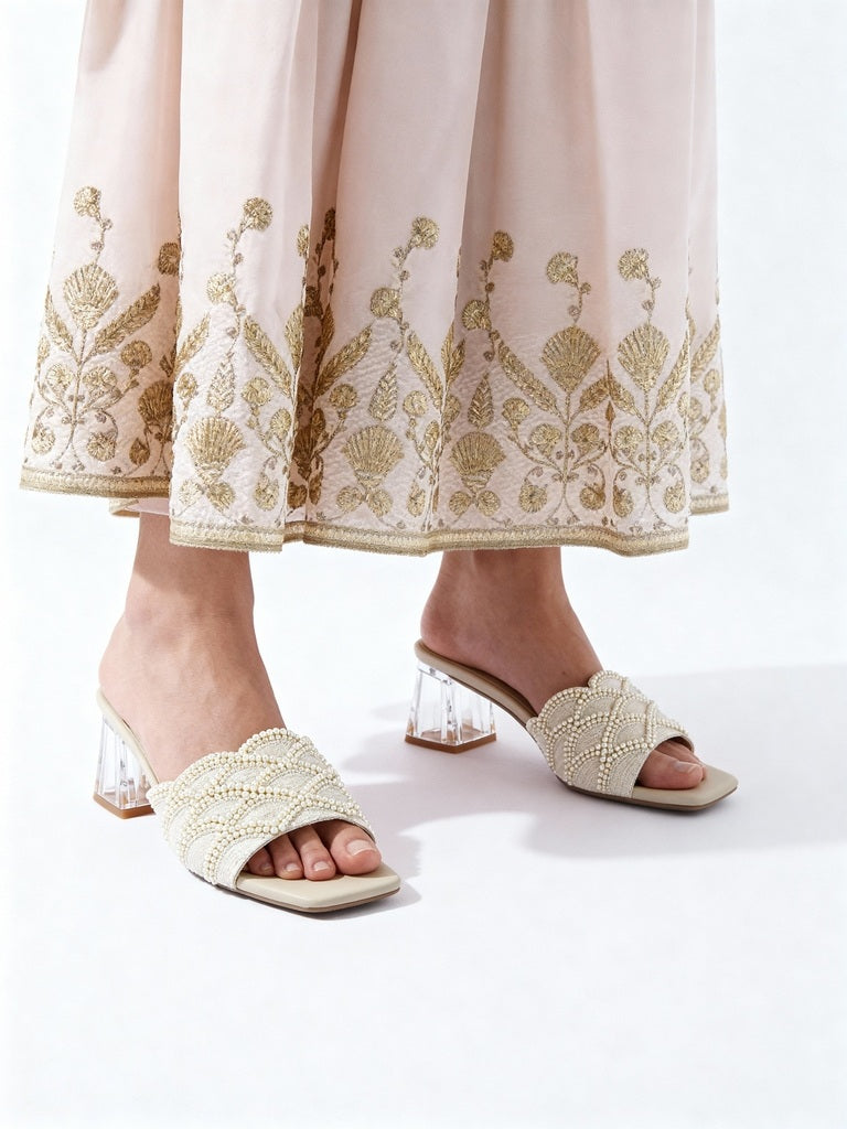 LUNA BLU Ivory Pearlescent Block-Heel Sandals