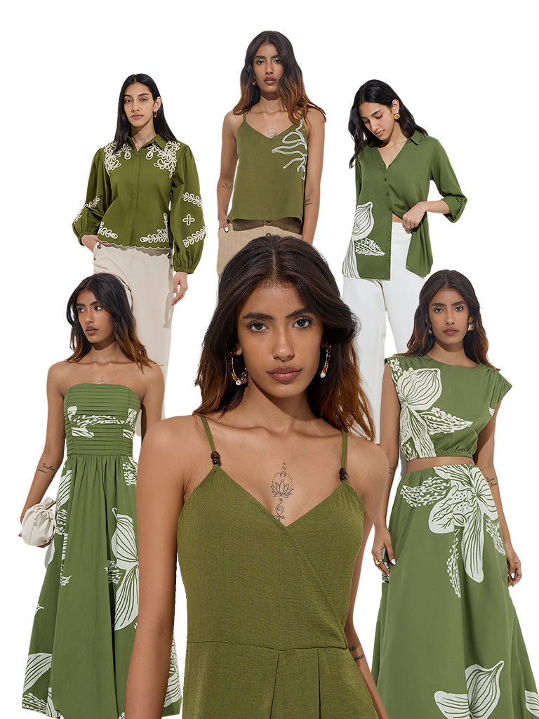 LOV Green Botanical Design Cotton A-Line Dress - Image 5