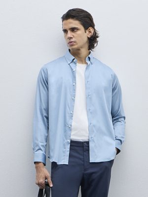 WES Formals Blue Slim-Fit Cotton-Blend Shirt