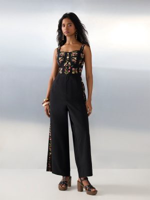 Bombay Paisley Black Embroidered Cotton-Blend Jumpsuit