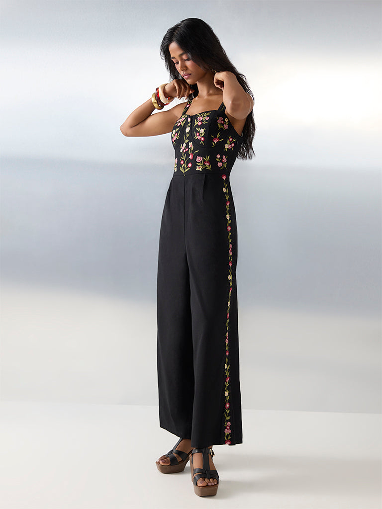 Bombay Paisley Black Embroidered Cotton-Blend Jumpsuit - Image 2