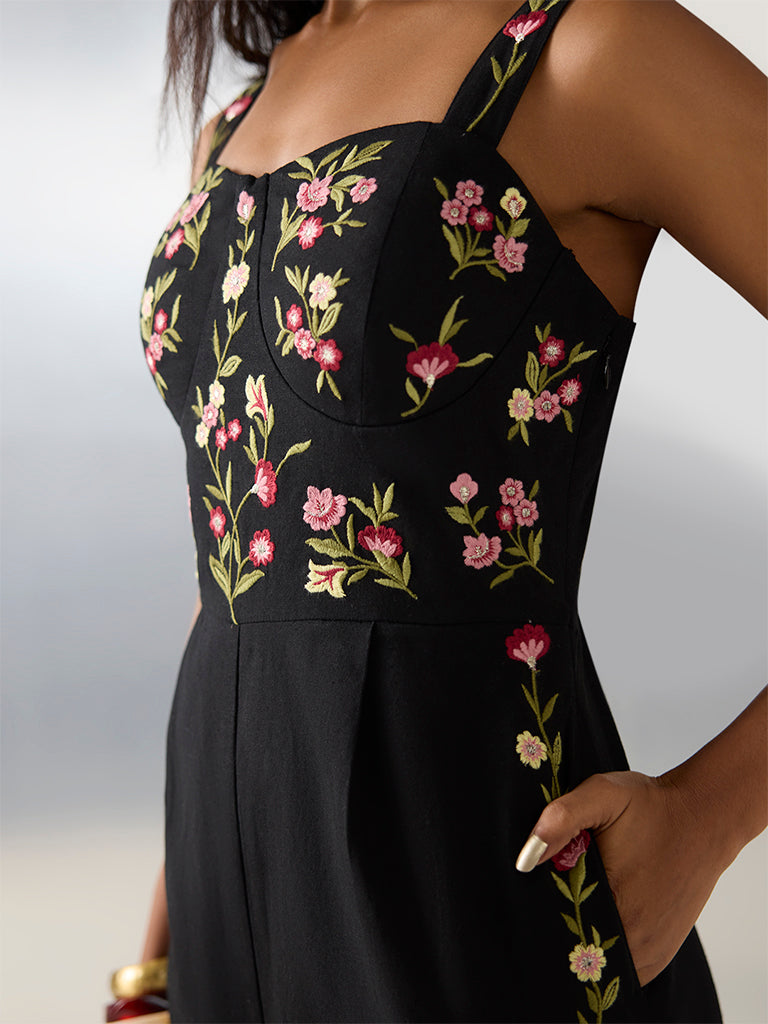 Bombay Paisley Black Embroidered Cotton-Blend Jumpsuit - Image 3