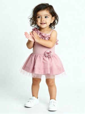 HOP Baby Pink One-Shoulder Floral Applique Dress