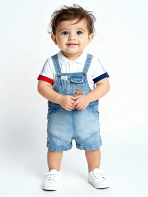 HOP Baby Blue Denim Dungaree with Polo T-Shirt Set