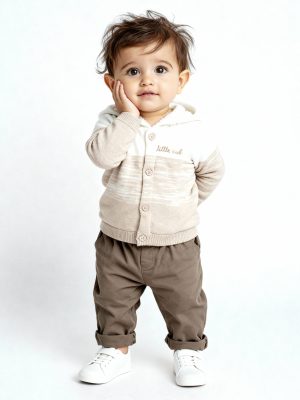 HOP Baby Beige Animal Design Hooded Cotton Sweater