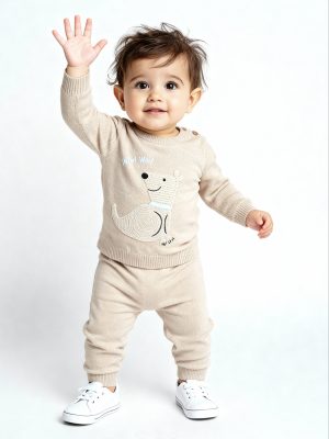 HOP Baby Beige Animal Design Cotton Sweater and Joggers Set