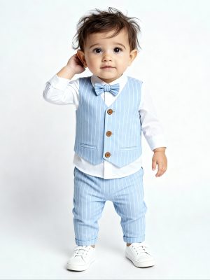 HOP Baby Blue Striped Cotton Waistcoat. Shirt. Pants and Bow Set