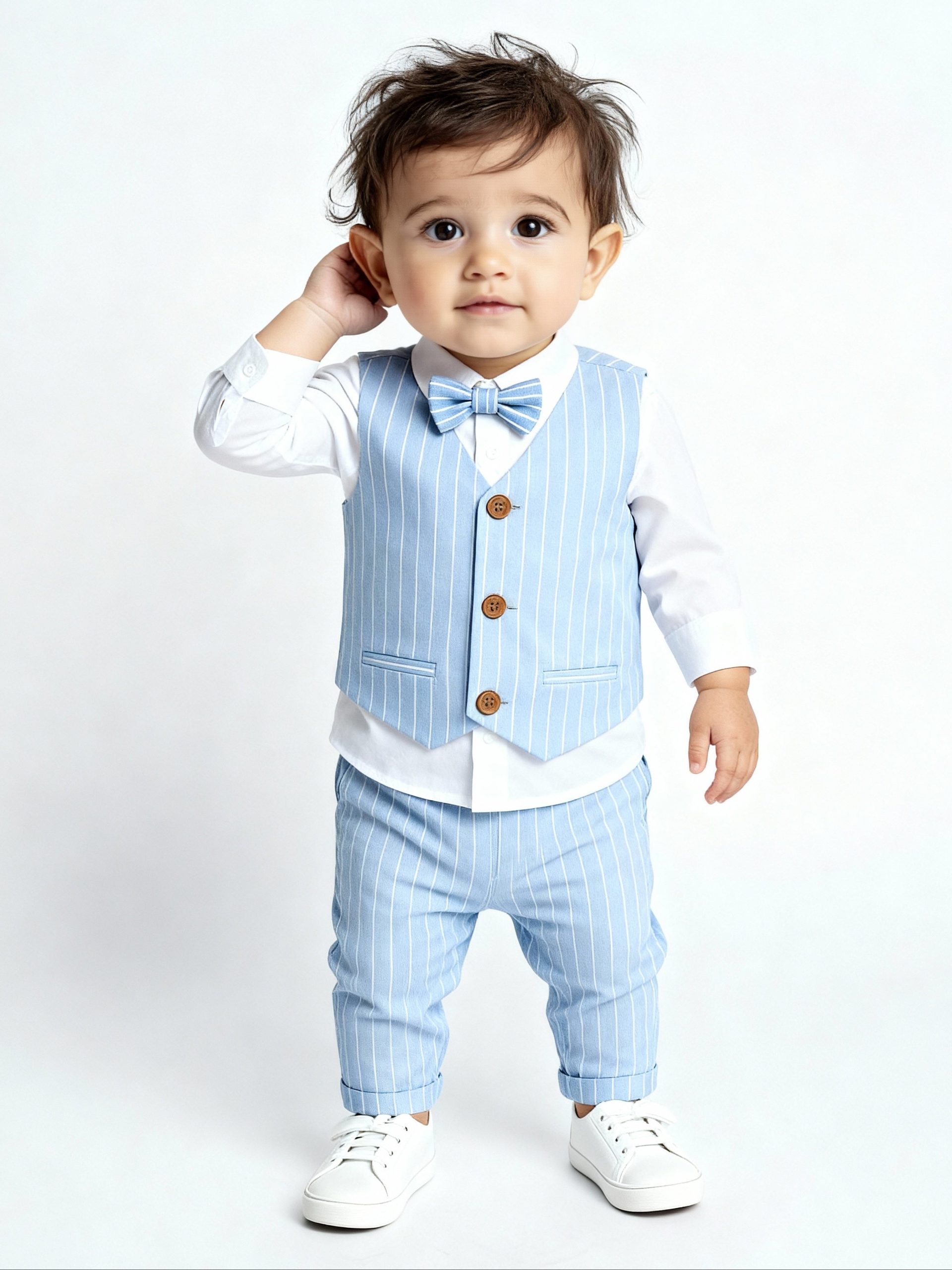 HOP Baby Blue Striped Cotton Waistcoat. Shirt. Pants and Bow Set