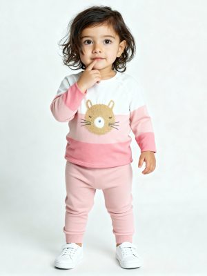 HOP Baby Pink Animal Design Cotton Sweater and Joggers Set