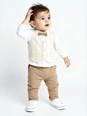 HOP Baby Beige Striped Cotton Waistcoat. Shirt. Trousers and Bow Set