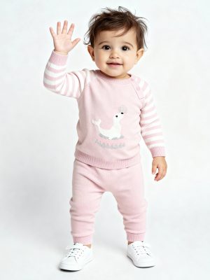 HOP Baby Pink Animal Design Cotton Sweater with Joggers Set