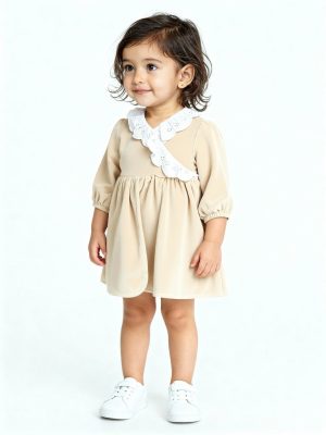 HOP Baby Beige Schiffli Detailed Cotton-Blend A-Line Dress