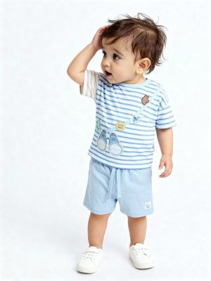 HOP Baby Blue Striped Cotton T-Shirt and Shorts Set