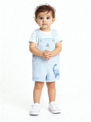 HOP Baby Teal Animal Design Cotton Dungaree and T-Shirt Set