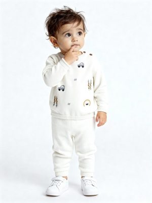 HOP Baby Off-White Embroidered Cotton Sweater and Pants Set