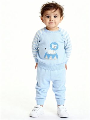 HOP Baby Blue Animal Design Cotton Sweater with Joggers Set
