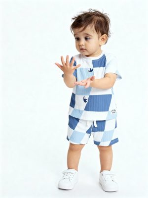 HOP Baby Blue Printed Cotton T-Shirt and Shorts Set