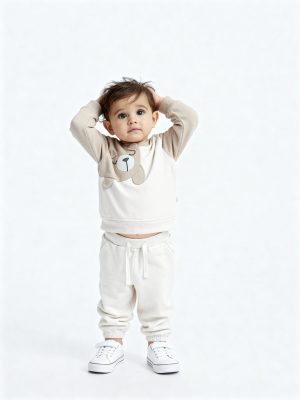 HOP Baby White Teddy Design Cotton T-Shirt and Joggers Set