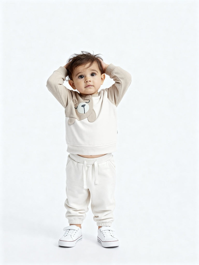 HOP Baby White Teddy Design Cotton T-Shirt and Joggers Set