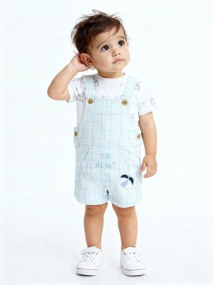 HOP Baby Blue Checkered Cotton Dungaree with T-Shirt Set