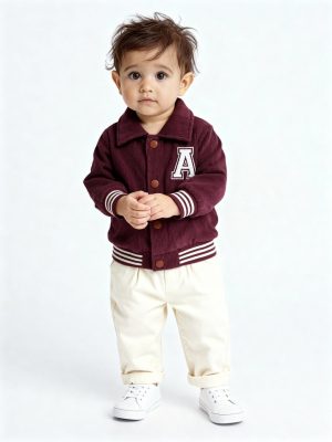 HOP Baby Maroon Text Detailed Corduroy Cotton Jacket