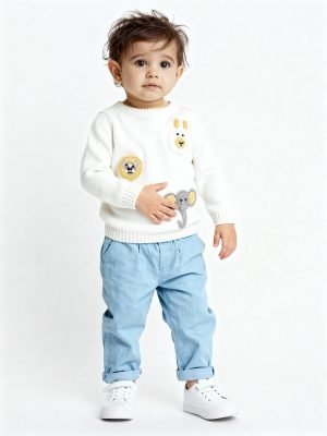 HOP Baby Off-White Animal Embroidered Sweater