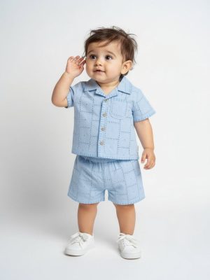 HOP Baby Blue Schiffli Detailed Cotton Shirt and Shorts Set