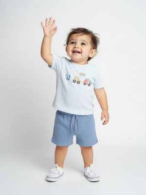 HOP Baby White Car Printed Cotton T-Shirt and Shorts Set