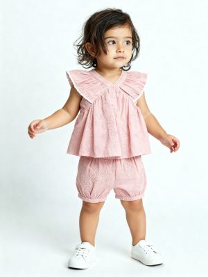 HOP Baby Pink Floral Embroidered Cotton Top and Shorts Set