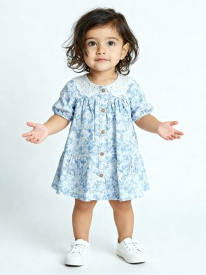 HOP Baby Blue Floral Detailed Cotton A-Line Dress