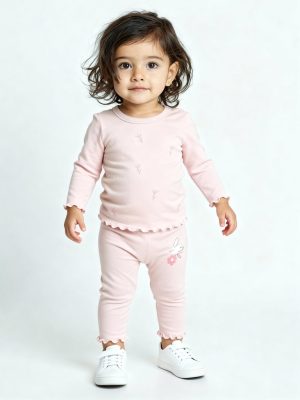 HOP Baby Pink Embroidered Cotton-Blend T-Shirt and Pants Set