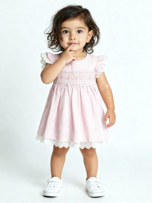 HOP Baby Pink Striped Cotton A-Line Dress