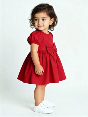 HOP Baby Red Solid Bow-Detailed Cotton Dress