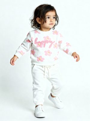 HOP Baby White Floral Cotton-Blend Sweatshirt and Pants Set
