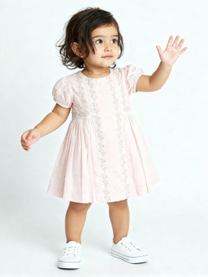 HOP Baby Pink Floral Embroidered Cotton A-Line Dress