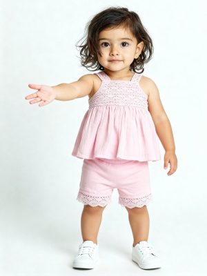 HOP Baby Pink Crochet-Detailed Cotton Top and Shorts Set