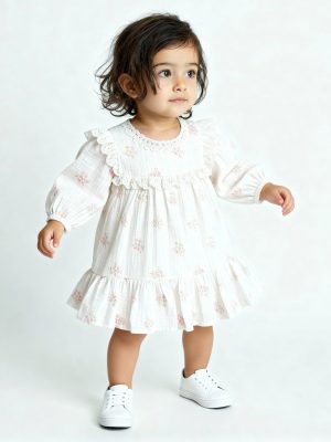 HOP Baby White Floral Design Cotton Tiered Dress