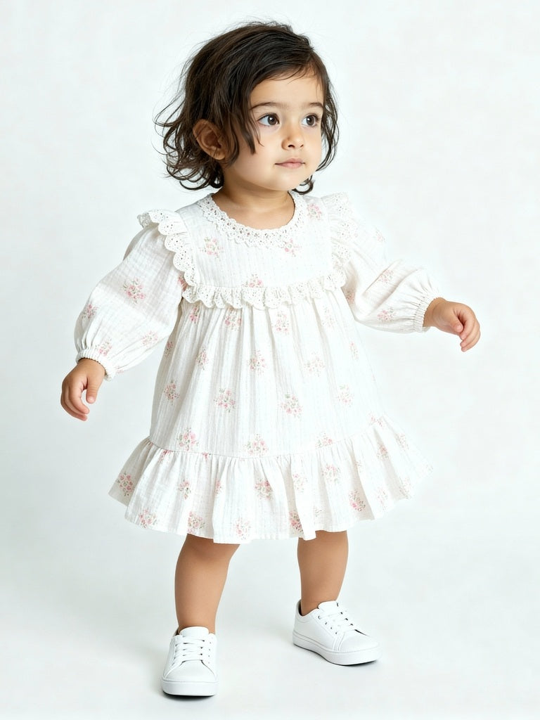 HOP Baby White Floral Design Cotton Tiered Dress