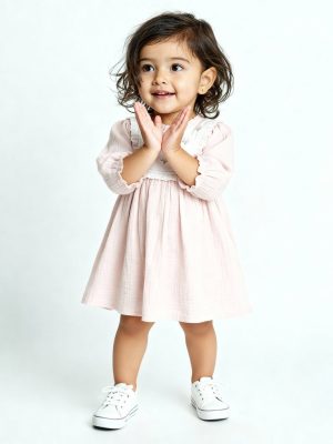 HOP Baby Pink Floral Embroidered Cotton A-Line Dress