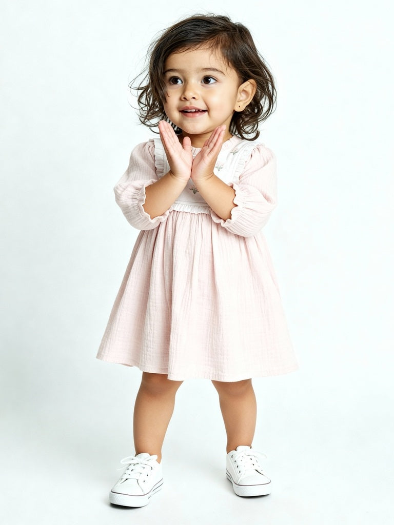 HOP Baby Pink Floral Embroidered Cotton A-Line Dress
