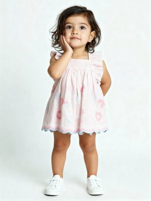HOP Baby Pink Floral Embroidered Cotton A-Line Dress