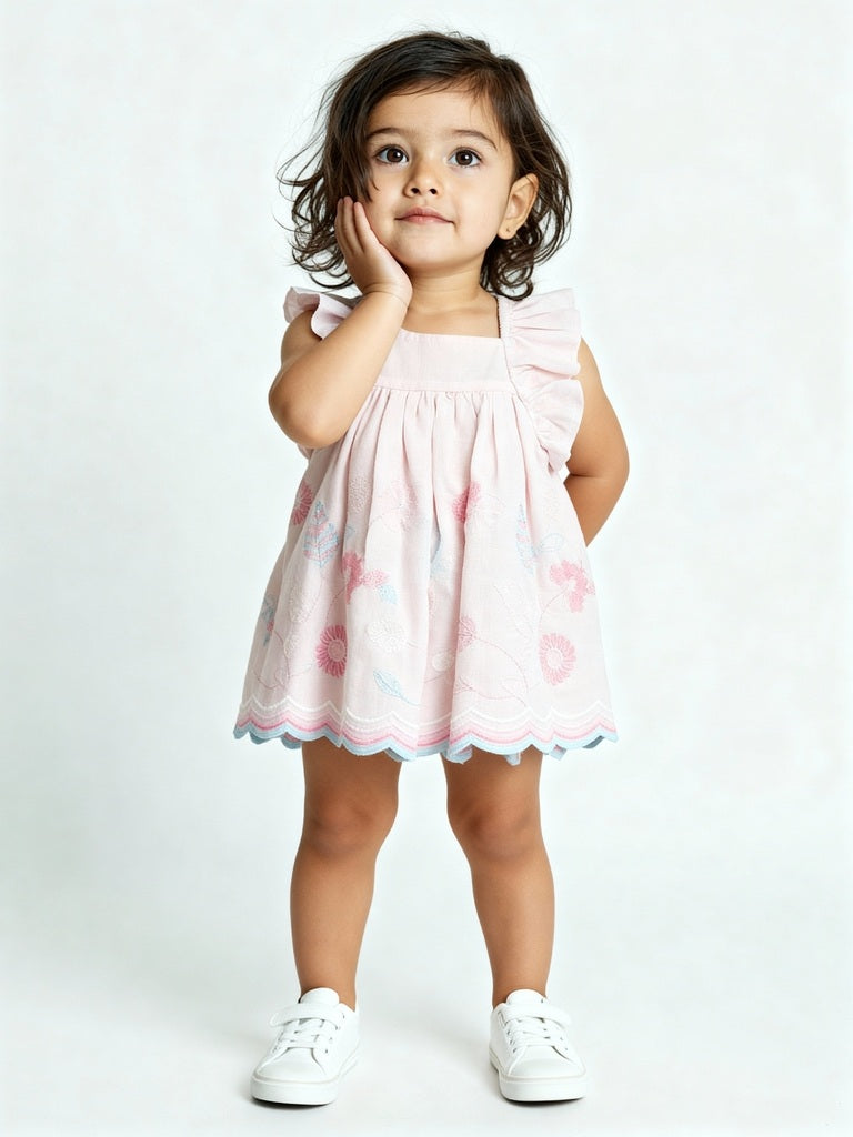 HOP Baby Pink Floral Embroidered Cotton A-Line Dress