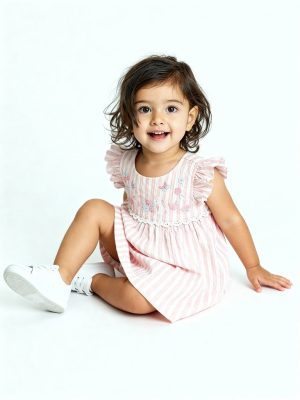 HOP Baby Pink Striped A-Line Cotton Dress