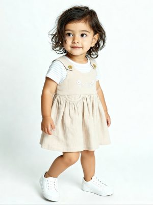 HOP Baby Beige Floral Embroidered Cotton Pinafore with Top Set