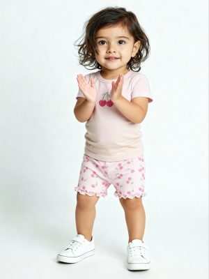 HOP Baby Pink Cherry Printed Cotton T-Shirt and Shorts Set