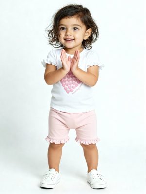 HOP Baby White Hearts Printed Cotton T-Shirt and Shorts Set