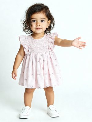 HOP Baby Pink Stripe Printed Cotton A-Line Dress